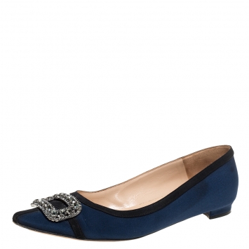 Pre Owned Manolo Blahnik Blue Fabric Hangisi Crystal Embellished Ballet Flats Size 39.5