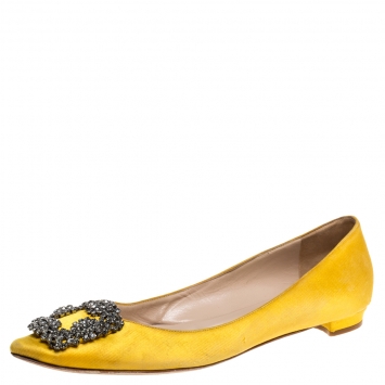 Pre Owned Manolo Blahnik Yellow Satin Hangisi Crystal Embellished Ballet Flats Size 37.5