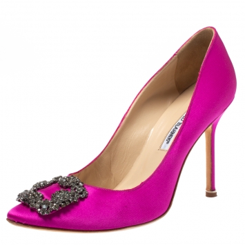 Pre Owned Manolo Blahnik Hot Pink Satin Hangisi Crystal Embellished Pointed Toe Pumps Size 41