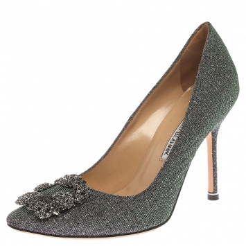 Pre Owned Manolo Blahnik Green/Purple Shimmer Fabric Hangisi Crystal Embellished Pumps Size 37.5
