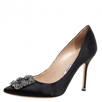 Pre Owned Manolo Blahnik Black Satin Hangisi Pumps Size 38