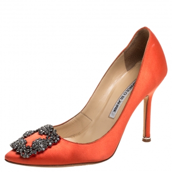 Pre Owned Manolo Blahnik Orange Satin Hangisi Crystal Embellished Pumps Size 36