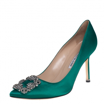 Pre Owned Manolo Blahnik Green Satin Hangisi Pumps Size 38
