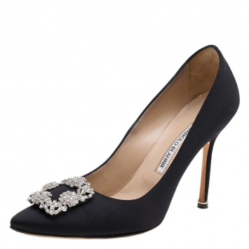 Pre Owned Manolo Blahnik Black Satin Hangisi Pointed Toe Pumps Size 39.5