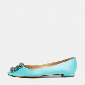 Pre Owned Manolo Blahnik Blue Satin Hangisi Ballet Flats Size 35