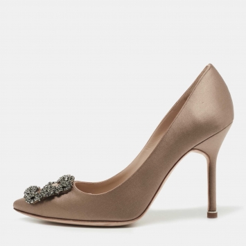 Pre Owned Manolo Blahnik Brown Satin Hangisi Pumps Size 37.5