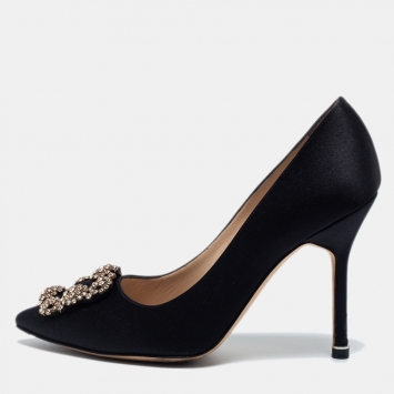 Pre Owned Manolo Blahnik Black Satin Hangisi Pumps Size 36.5
