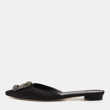 Pre Owned Manolo Blahnik Black Satin Hangisi Mules Size 38.5