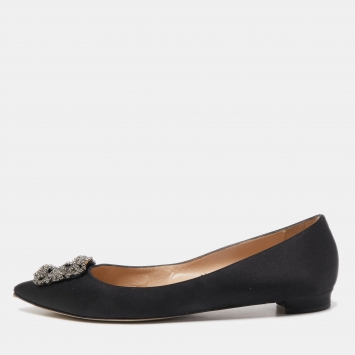 Pre Owned Manolo Blahnik Black Satin Hangisi Ballet Flats Size 42