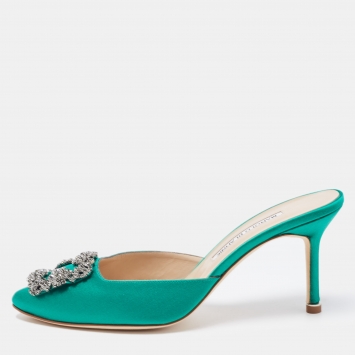 Pre Owned Manolo Blahnik Green Satin Hangisi Mules Size 37.5