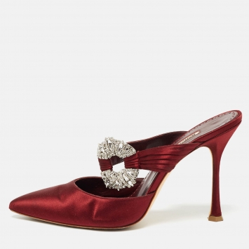 Pre Owned Manolo Blahnik Burgundy Satin Maidugur Mules Size 40
