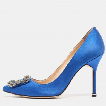 Pre Owned Manolo Blahnik Blue Satin Hangisi Pumps Size 37.5