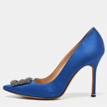 Pre Owned Manolo Blahnik Blue Satin Hangisi Crystal Embellished Pointed Toe Pumps Size 41