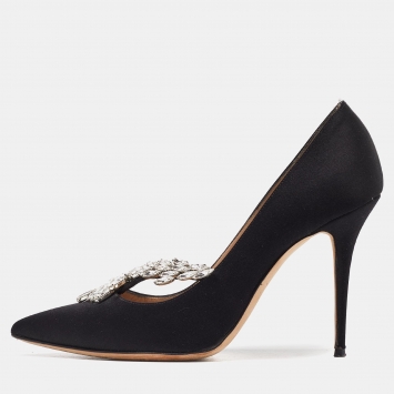 Pre Owned Manolo Blahnik Black Satin Crystal Embellished Nadira Pumps Size 39.5