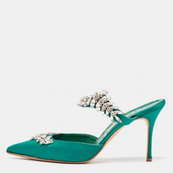 Pre Owned Manolo Blahnik Green Satin Crystal Embellished Lurum Mules Size 39
