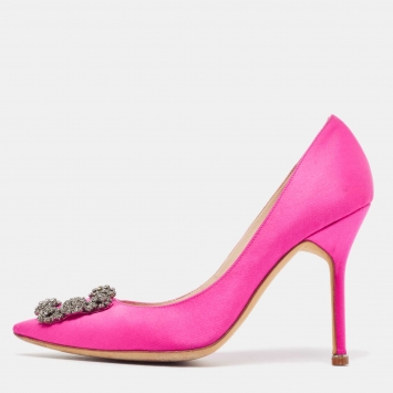 Pre Owned Manolo Blahnik Pink Satin Hangisi Pumps Size 38.5
