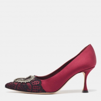 Pre Owned Manolo Blahnik Burgundy/Black Satin and Lace Gerontiushi Pumps Size 37.5