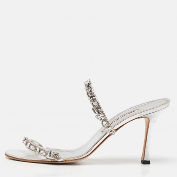 Pre Owned Manolo Blahnik Silver Leather Diora Slide Sandals Size 39.5