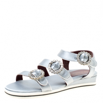 Pre Owned Marc By Marc Jacobs Grey Satin Crystal Embellished Buckle Flat Strappy Sandals Size 38.5