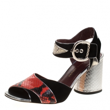 Pre Owned Marc by Marc Jacobs Red/Black Embossed Snakeskin Leather And Suede Cheryl Block Heel Ankle Strap Sandals Size 37