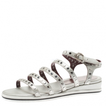 Pre Owned Marc by Marc Jacobs Metallic Silver Leather Gena Studded Ankle Strap Flat Sandals Size 36.5