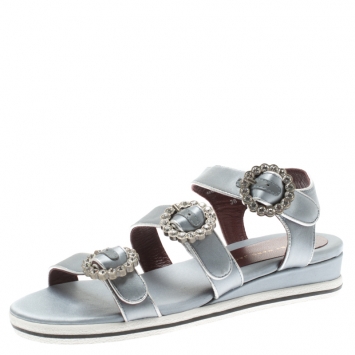 Pre Owned Marc By Marc Jacobs Grey Satin Crystal Embellished Buckle Flat Strappy Sandals Size 36