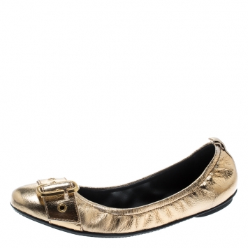 Pre Owned Marc Jacobs Metallic Gold Leather Dolly Buckle Detail Scrunch Ballerina Flats Size 37