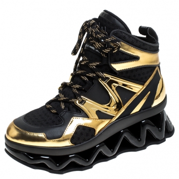 Pre Owned Marc by Marc Jacobs Black/Gold Leather And Mesh Spring Platform High Top Sneakers Size 37