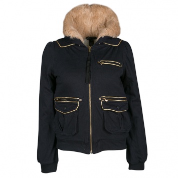 Pre Owned Marc by Marc Jacobs Navy Blue Gold Trim Faux Fur Hooded Shearling Sweatshirt S