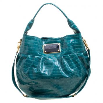 Pre Owned Marc By Marc Jacobs Blue Green Croc Embossed Coated Fabric Hobo