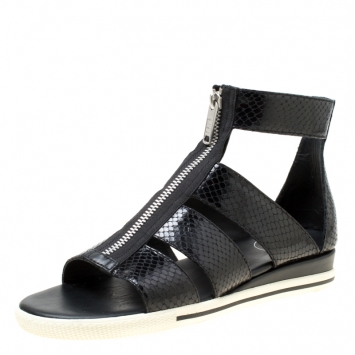 Pre Owned Marc by Marc Jacobs Black Python Embossed Leather Flat Gladiator Sandals Size 38