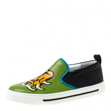 Pre Owned Marc by Marc Jacobs Green Leather Tiger Claw Print Slip on Sneakers Size 38