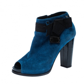 Pre Owned Marc By Marc Jacobs Blue/Black Suede Bow Detail Peep Toe Booties Size 37.5