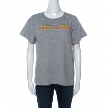 Pre Owned Marc Jacobs Grey Cotton Repeated Logo Print T Shirt L 