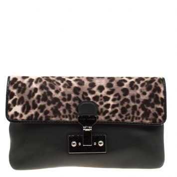 Pre Owned Marc Jacobs Black/Beige Leopard Print Calfhair and Leather Safari Vip Clutch