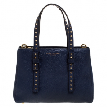 Pre Owned Marc Jacobs Midnight Blue Leather Mini T Studded Tote