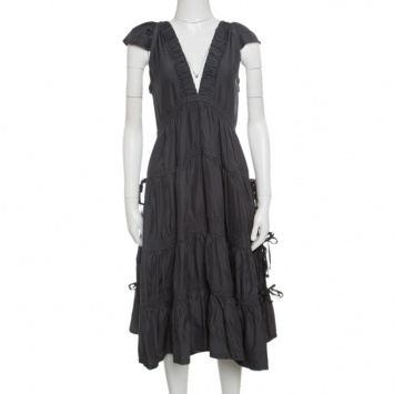 Pre Owned Marc Jacobs Grey Plunge Neck Ruffled Tie Detail Silk Dress S