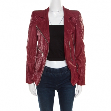 Pre Owned Marc Jacobs Brick Red Leather Quilted Shoulder Biker Jacket S