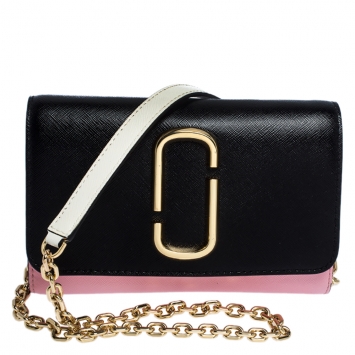 Pre Owned Marc Jacbos Pink/Black Leather Snapshot Wallet On Chain