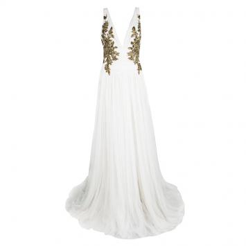 Pre Owned Marchesa White Ruched Detail Embellished Tulle Gown XL