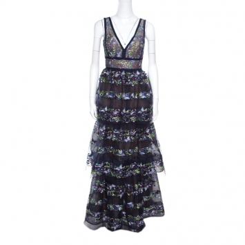 Pre Owned Marchesa Notte Blue Tiered Floral and Butterfly Embroidered Evening Gown XS