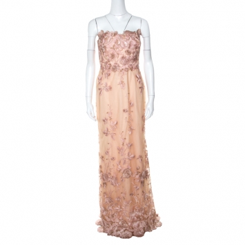 Pre Owned Marchesa Notte Peach Floral Embroidered Sequin Embellished Detail Strapless Evening Gown M