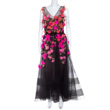 Pre Owned Marchesa Notte Black Tulle Sleeveless 3D Floral High Low Gown M 