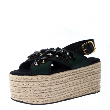 Pre Owned Marni Black Leather And Green Fabric Crystal Embellished Slingback Platform Espadrille Flat Sandals Size 40