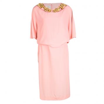 Pre Owned Marni Peach Embellished Neck Detail Short Sleeve Dress M