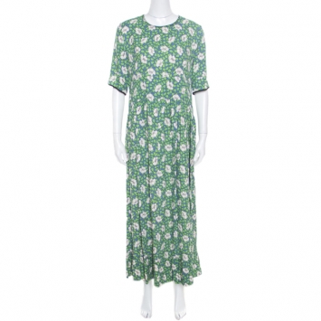Pre Owned Marni Blue and Green Floral Printed Crepe Ruffled Hem Maxi Dress M
