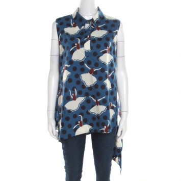 Pre Owned Marni Blue Polka Dotted Dancer Print Asymmetric Bottom Sleeveless Top L