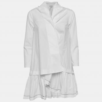 Pre Owned Marni White Cotton Asymmetric Flounce Mini Shirt Dress S