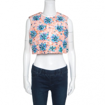 Pre Owned Mary Katrantzou Bejeweled Bow Print Embellished Silverfloss Crop Top M