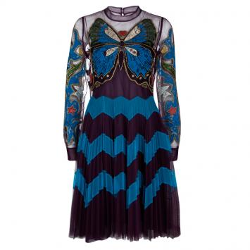 Pre Owned Mary Katrantzou Multicolor Butterfly Embroidered Mesh Plisse Detail Long Sleeve Dress M